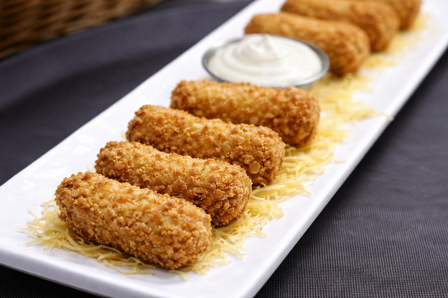 Timbal de lechón a baja temperatura deshuesado con fondo parmentier y verdura tempura
